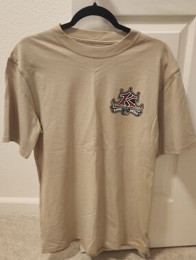 Kindig Design Men's Short Sleeve Crewneck Tee in Light Tan with Chest Crest